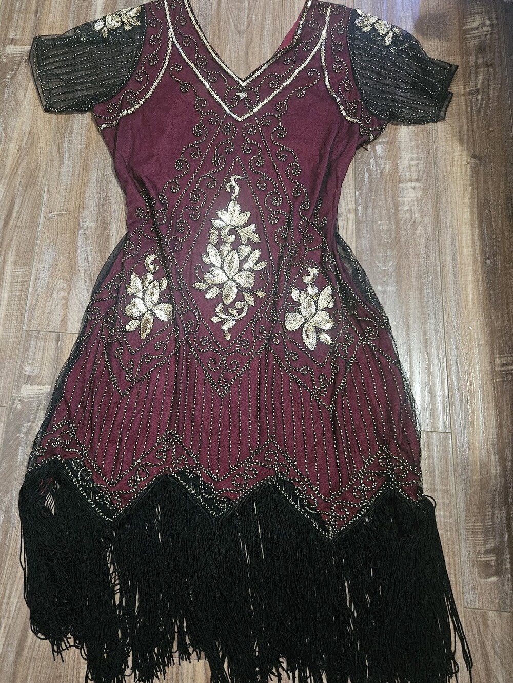BABEYOND Burgundy Beaded Fringe Flapper Dress 3XL